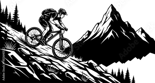 Mountain Biking Adventure Landscape Silhouette Vector