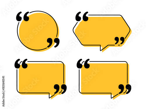 Four different shapes of speech bubbles with quotation marks on a white background.