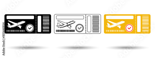 Flight ticket icon. Flight ticket icon on a white background, isolated. The icon has three uses in applications and websites. Vector illustration. Flight ticket icon on a white background.