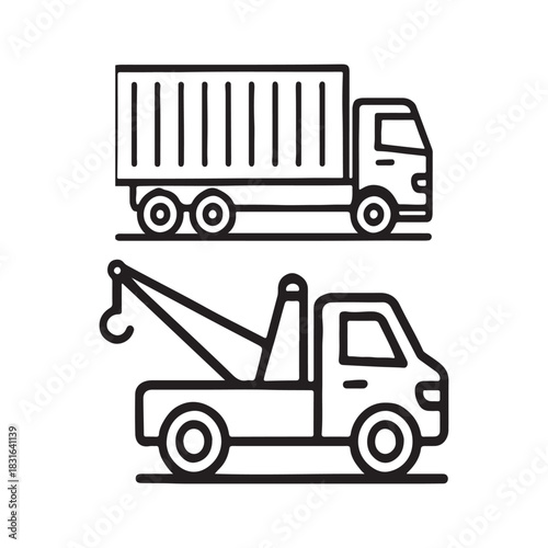 A minimalist set of line art icons depicting a commercial cargo truck for freight logistics and a tow truck for roadside assistance and vehicle recovery services