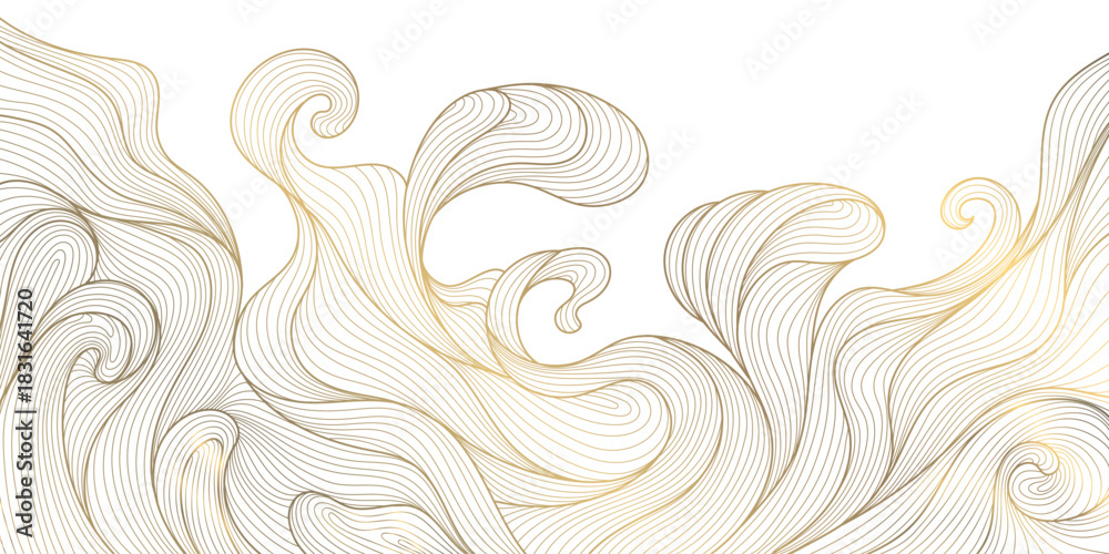 Obraz premium Abstract Japanese wave pattern background, elegant gold lines, geometric shapes, vintage oriental texture. Vector illustration flow water, ocean curves, luxury Asian design