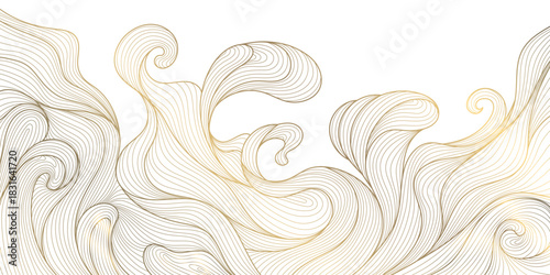 Abstract Japanese wave pattern background, elegant gold lines, geometric shapes, vintage oriental texture. Vector illustration flow water, ocean curves, luxury Asian design