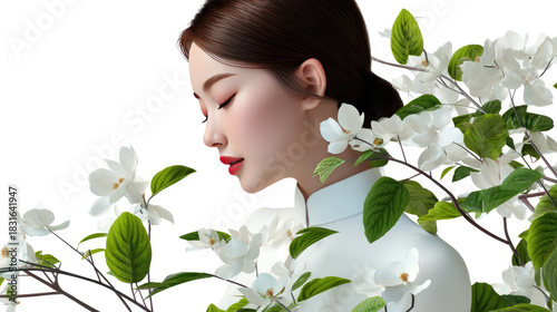 Serene Beauty Amidst Blossoms: A woman, serene and graceful, stands amidst the delicate beauty of blooming white flowers, evoking a sense of tranquility.
