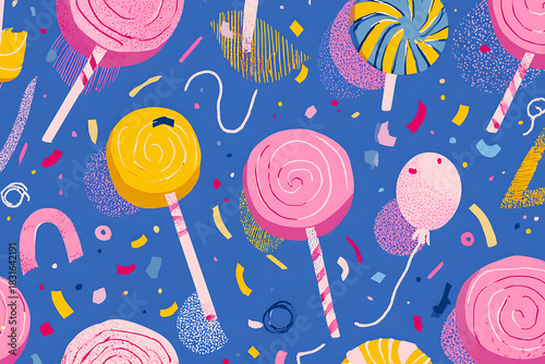 Celebrate with whimsical lollipop party patterns, perfect for adding a sweet touch to invitations, gift wrap, or playful promotional materials