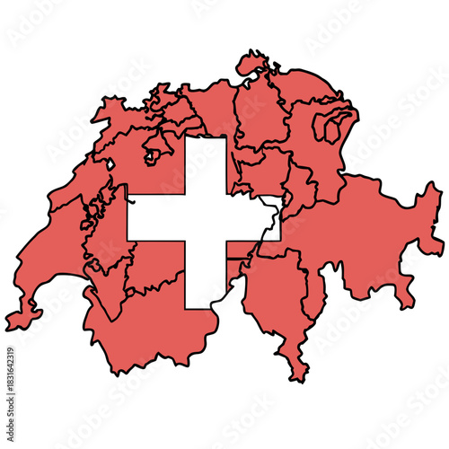 Red outline map of **Switzerland** filled with the Swiss flag’s white cross and showing internal canton borders.