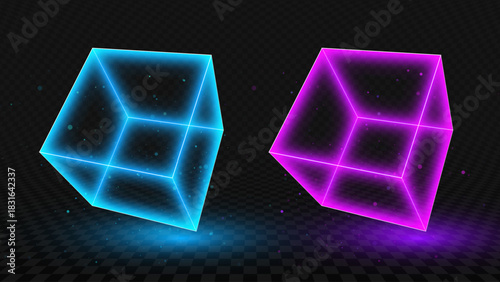 Glowing Neon 3D Cubes in Blue and Pink on Dark Futuristic Grid Background with Light Effects and Particles. Perfect for Tech, Sci-Fi, and Digital Design. Vector Illustration.