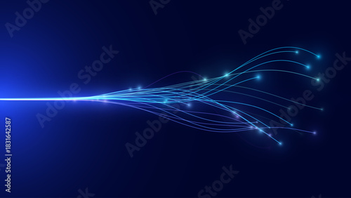Neural Network Data Lines Flowing in Abstract Digital Space. AI Neuron Connections Showing Synergy and Communication on Futuristic Background. Vector Illustration.
