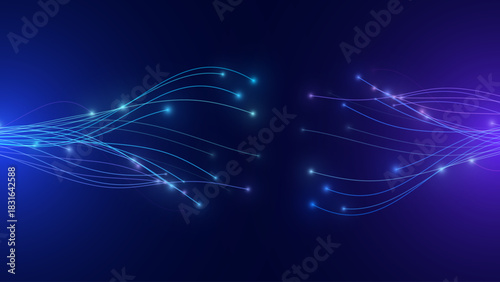 Neural Network Data Lines Flowing in Abstract Digital Space. AI Neuron Connections Showing Synergy and Communication on Futuristic Background. Vector Illustration.
