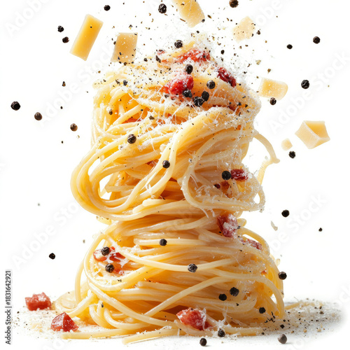  flying spaghetti carbonara, isolated on a transparent background
