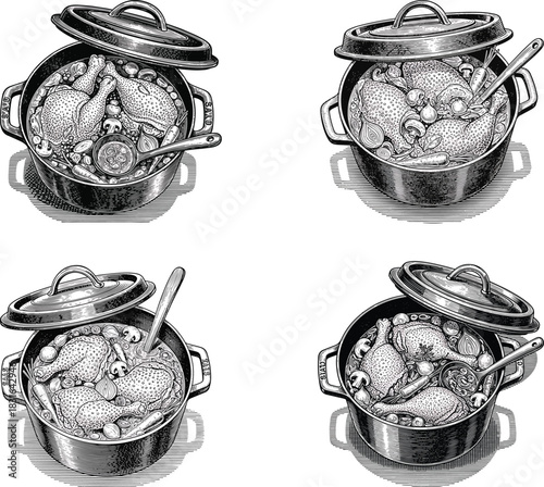 Vintage engraved French coq au vin pot icon set featuring stewed chicken, open lid and classic culinary illustration