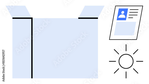 Unboxing concept. Open box, ID card, and sun icon new opportunities, personal identity, and bright possibilities. Unboxing for creativity, ecommerce, delivery innovation business