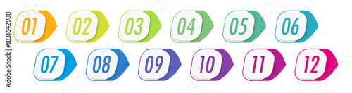 Bullet points numbers from 1 to 12 list markers. Numbered markers from one to twelve clean style for highlighting steps, options, features in digital and print media