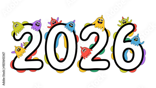 2026: Year of Colorful Delight: Bright and vibrant numbers 2026 are adorned with playful cartoon monsters, creating a whimsical and fun representation of the future.