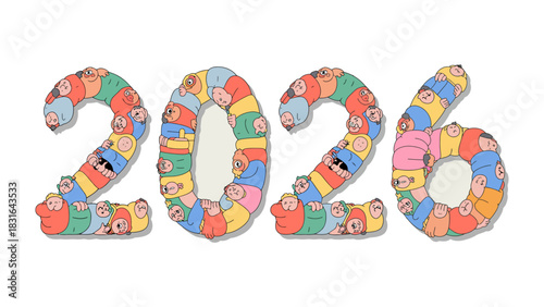 2026: A visual representation of the year 2026, composed of a vibrant collection of stylized individuals, symbolizes unity, diversity, and the collective spirit of the upcoming year.