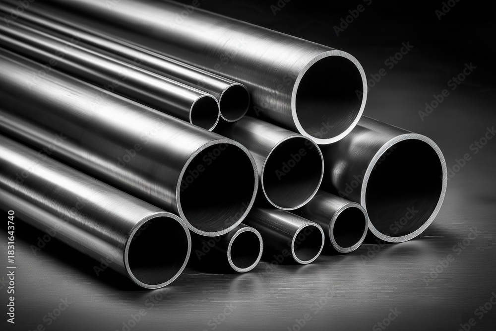 Fototapeta premium Steel pipes on dark background with space for text or design metal tubes in black and grey tones pile of stainless-steel pipes
