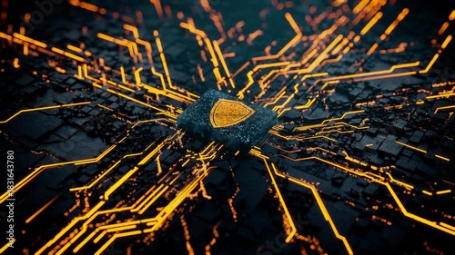 Security Technology Concept with shield symbol on a Microchip. Orange Neon Data flows from the CPU across a Futuristic Motherboard. Seamless Loop.