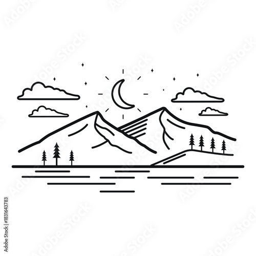 Minimalist Mountain Landscape Vector Line Art