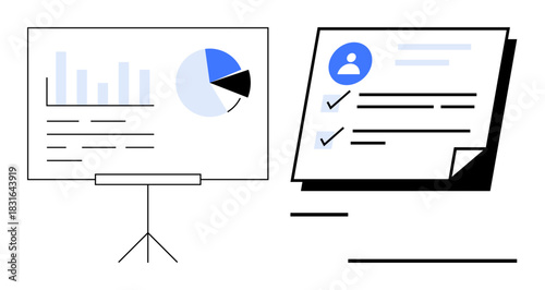 Graph on tripod board with pie and bar charts shows data insights. Document with checklist and user icon emphasizes task completion. Ideal for analytics, planning, productivity, workflow, task