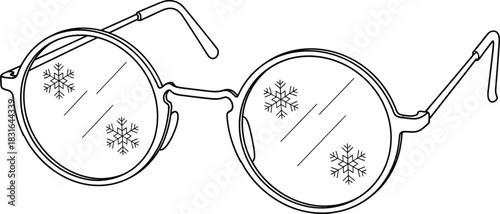 Round glasses with snowflakes on the lenses in a black and white illustration