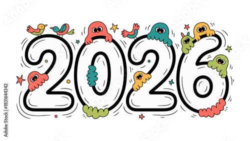 2026 Illustration: Playful creatures and birds adorn the bold numbers, creating a cheerful, illustrative glimpse of the future.