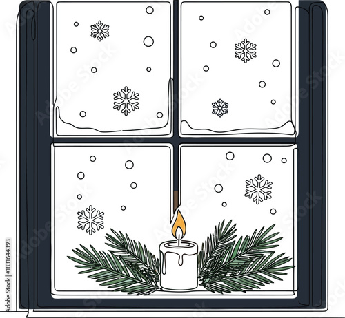 Candlelight glows warmly in a window on a snowy winter night illustration