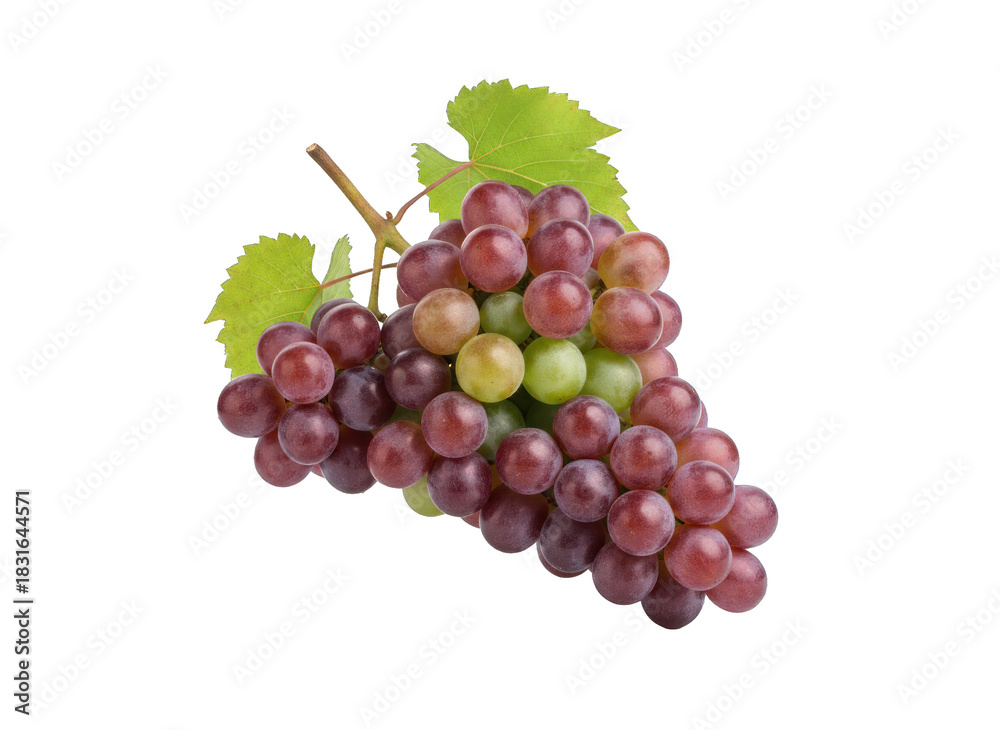 Fototapeta premium Bunch of red grapes with green leaves sitting on a white surface, showcasing their vibrant colors and fresh appearance, perfect for healthy eating concepts.