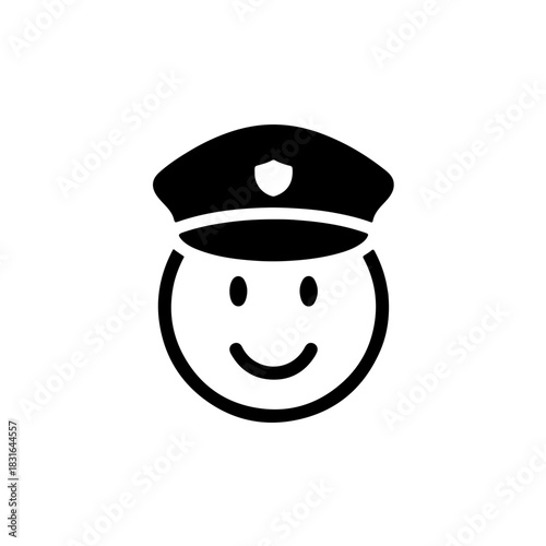 Friendly black and white minimalist icon of a smiling face wearing a classic postman's hat. Emphasizes the human and approachable aspect of dedicated postal service on World Post Day