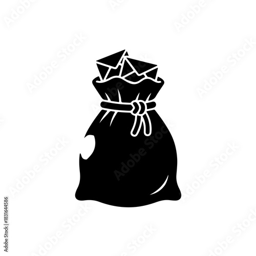 Classic black and white icon of a large, tied mail bag with several letter tops visible. Represents high volume, logistics, and the hard work of postal delivery services on World Post Day