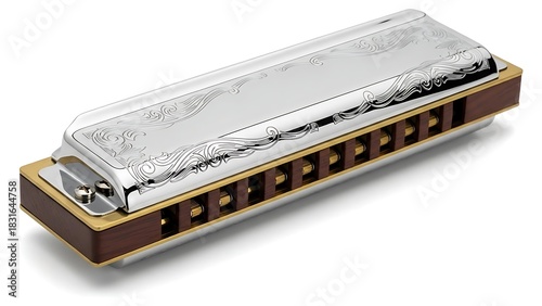 Exquisitely detailed harmonica with ornate silver cover plates for melodic musical performance