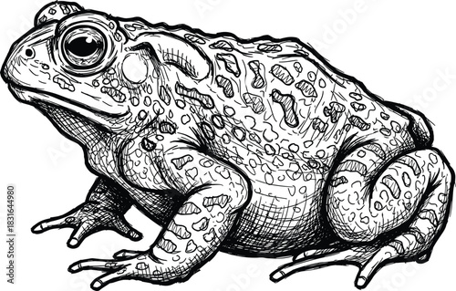 Black and White Detailed Hand-Drawn Sketch of a Common Toad or Frog, Side View, Representing Amphibians, Nature, Swamp Life, Biology, and Environment Vector Illustration Content