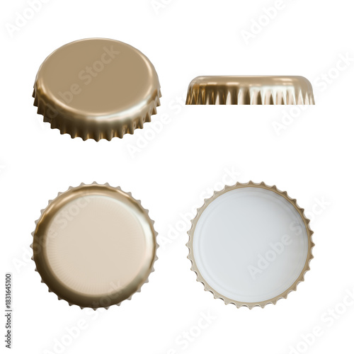 Set of gold bottle caps shown from top, side, and bottom views. Metallic crown caps ideal for packaging, beverage branding, product design, and advertising visuals.