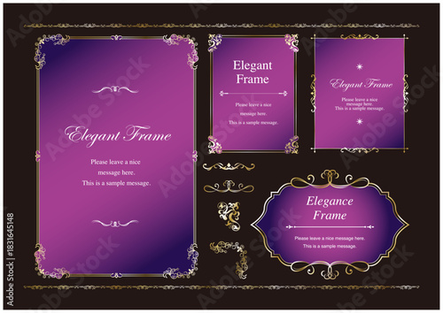 高級感のあるエレガンスなフレームセット、装飾デザイン、飾り罫、上品な背景、ゴールド、パープル