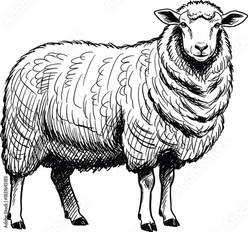 Black and White Detailed Hand-Drawn Sketch of a Standing Domestic Sheep, Front-Side View, Representing Wool, Farm Animals, Livestock, Agriculture, and Nature Vector Illustration Content