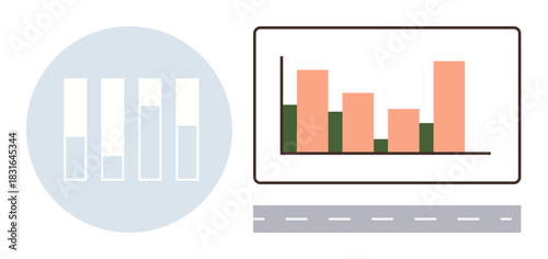 Bar chart comparing data trends, circle with segmented bars, and road element signify analytics, progress, strategy, business, decision-making, planning and vision. Ideal for simple flat metaphor