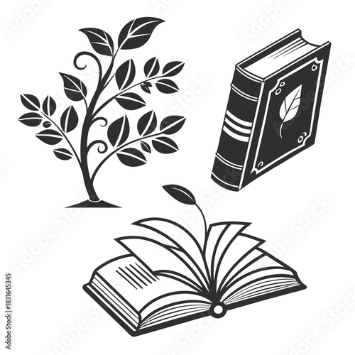 “Vintage Books and Gramophone Illustration Set”