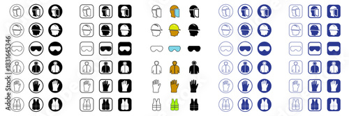 PPE safety icon set with helmet goggles gloves vest and face shield. Personal protective equipment icon pack foe workplace and industrial safety