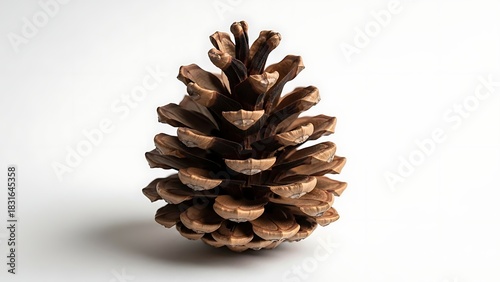 A single brown pine cone displayed on a white background with its shadow