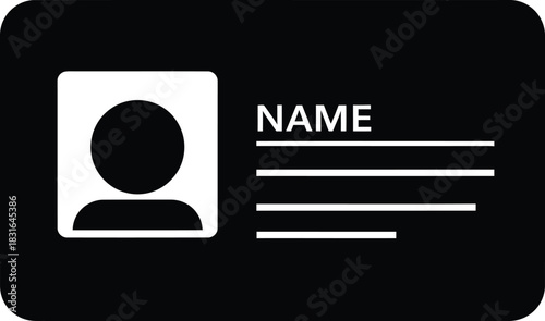 Black and White Monochrome Employee Identity Card Icon: Simple Horizontal Corporate ID Badge, User Profile Photo Box, Name/Data Fields, and Access Control Pass Template Vector Graphic.