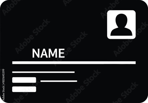 Black and White Monochrome Employee Identity Card Icon: Simple Horizontal Corporate ID Badge, User Profile Avatar, Name/Data Fields, and Access Control Pass Template Vector Graphic.