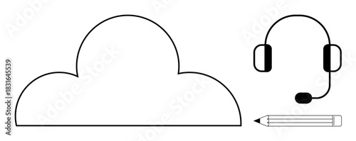 Minimal cloud icon, headset, and pencil symbolizing virtual tools, communication, and creativity. Ideal for technology, remote work, online learning, collaboration support brainstorming digital