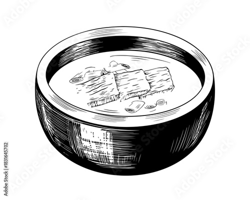 Sketch style seolleongtang soup. Korean food, cuisine. Black and white illustration of ox bone soup with beef slices