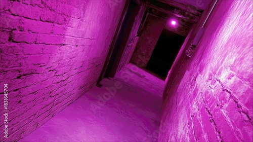 A long brick hallway is illuminated with pink light, leading to a dark doorway at the end. The image has a mysterious and intriguing atmosphere.