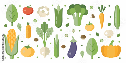 Flat vector illustration of various vegetables on a white background