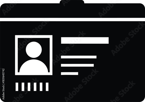 Set of Black Identity Card Icons: Including Standard Employee ID Badge, Vertical Security Pass Template, and Futuristic Digital Access Control Chip Card Interface with Biometric Data Silhouette Vector