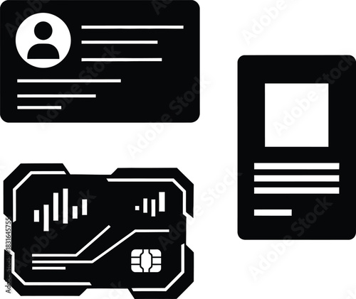 Set of Black and White Identity Card Icons: Including Standard Employee ID Badge, Vertical Security Pass, and Futuristic Digital Access Control Chip Card Interface Silhouette Vector.