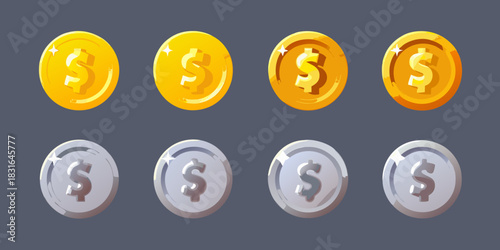 Cartoon gold and silver coins with dollar sign for game design
