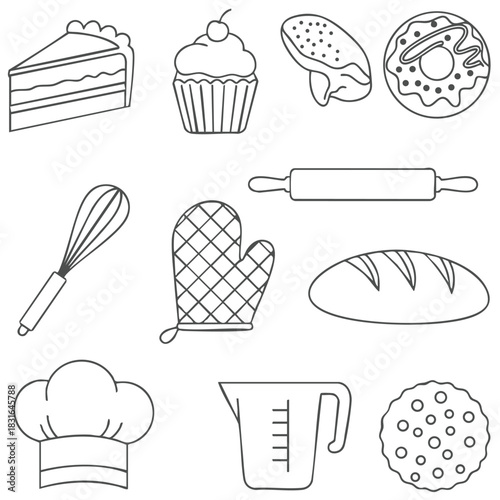 Bakery Line Art Clipart – Cake, Cupcake, Rolling Pin, Oven Mitt, Donut & Dessert Icons Vector Pack