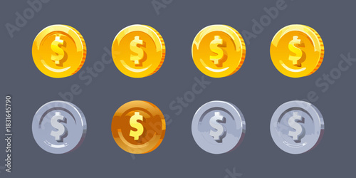 Cartoon coins illustration gold silver and bronze dollar coins