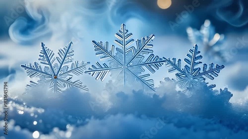 Snowflake's Winter Whispers: Delicate snowflakes glisten amidst a serene, misty atmosphere, showcasing the intricate beauty of winter's embrace. 