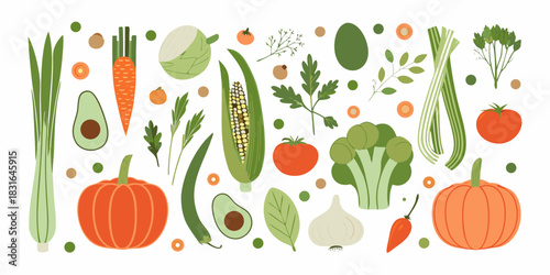 Colorful flat lay of fresh vegetables on a white background